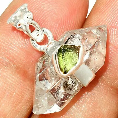Genuine Moldavite & Herkimer Diamond Pendant 925 Sterling Silver Crystal Point • $75