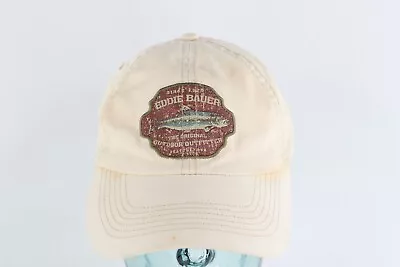 Vintage 90s Eddie Bauer Spell Out Fish Leather Buckle Strapback Hat Cap Tan • $35.95