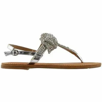 Dolce By Mojo Moxy Sienna Rhinestone Flat TStrap  Womens Silver Casual Sandals E • $9.99