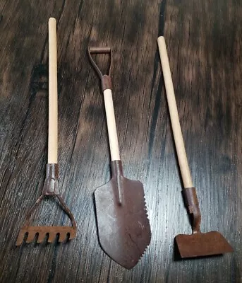 Mini Garden Tools Dollhouse Metal & Wood Craft Vintage Farming Shovel Hoe Rake • $7