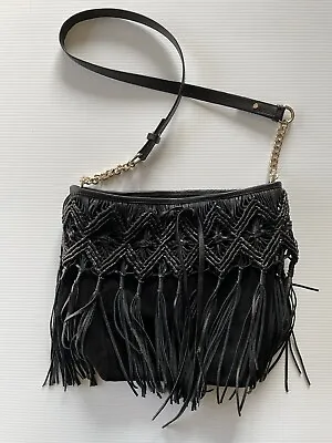 Zara Women’s Black Suede/Leather Fringed Handbag • $45