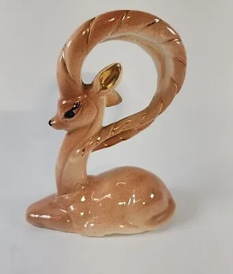 Vintage Ceramic Figurine Deer Fawn BIG Eyes BIG Eyelashes MCM Hand Painted Gold  • $34.97
