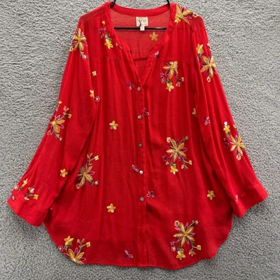 $29.88 • Buy Anthropologie Fig & Flower Embroidered Top Women 3X Red Long Sleeve Roll Tab