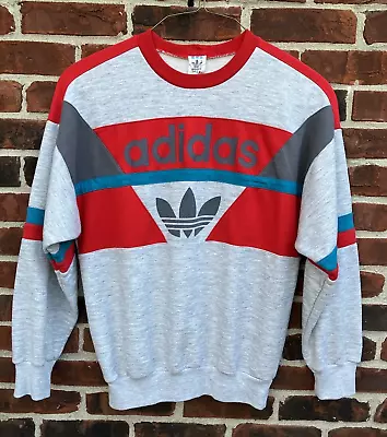 VINTAGE ADIDAS Sweatshirt Color Block Red Grey Stripe Spell Out Men's S Fits M • $24.99