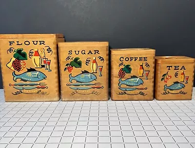 Vintage Wooden Kitchen Canisters Set Coffee Sugar Flour Tea 50s 60s Japan • £21