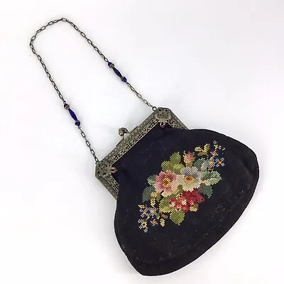 Antique Needlepoint Purse Jeweled Handbag Black Floral • $84.99