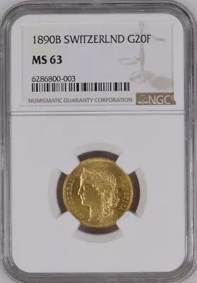 Switzerland  Gold 20 Francs 1890 B - Ngc Ms 63   Rare2 • $599.99