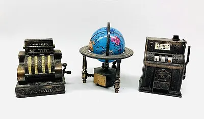 3 Vintage Metal Die Cast Mini Pencil Sharpeners Cash Register Slot Machine Globe • $15