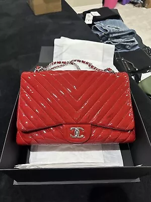 Chanel Red Patent Chevron Double Flap Classic Jumbo Bag Silver Hardware • $2850