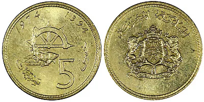 Morocco Al-Hassan II Aluminum-Bronze 1394 (1974) 5 Santimat  FAO Y# 59 (21 206) • $3