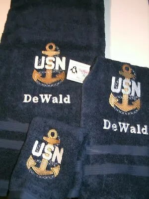 USN Navy Anchor Personalized 3 Piece Bath Towel Set Gift Military Gift Navy Gift • $28