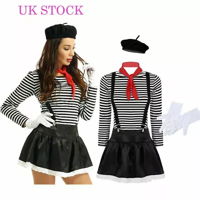 UK Women Adults Mime Costume French Artist Clown Circus Fancy Dress Outfits Set • £24.99