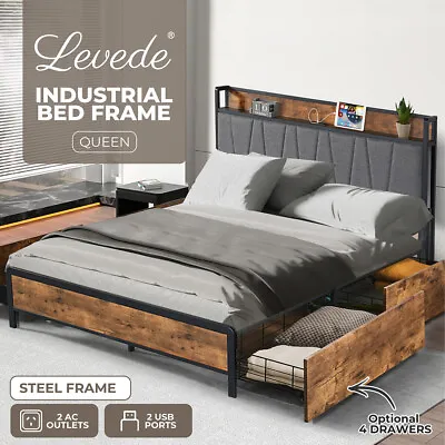 Levede Metal Bed Frame Industrial Queen Storage Drawer Headboard Wood USB Charge • $139.99