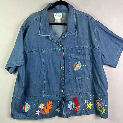 Quacker Factory Shirt Womens 3X Fish Blue Button Up Embroidered Beaded Sequins • $34.39