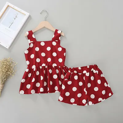 Toddler Kids Baby Girls Polka Dot Print Suspenders Top Tee+Short Outfits Clothes • $27.49