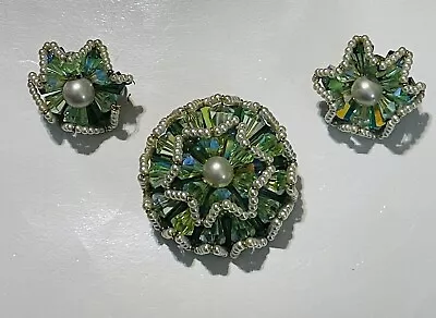 Signed Vendome Hand Wired AB Green Crystals And Faux Pearls Brooch & Earrings • $200
