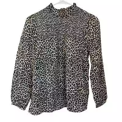 J.Crew Leopard Animal Print Smocked Ruffle High Neck Button Back Top Size XS • $20