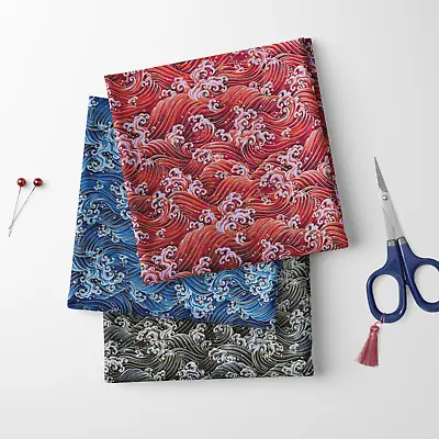 £4.49 • Buy 100% Cotton Ocean Waves Japanese Foil Oriental Craft Dress Furnishing Fabric