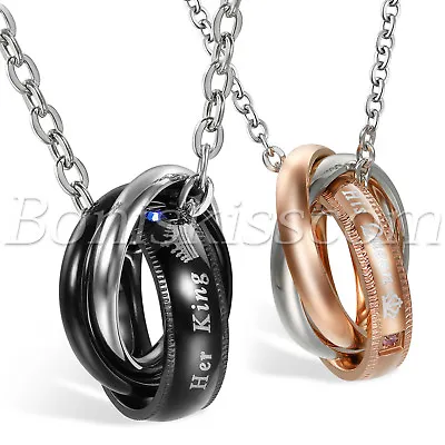His Queen Her King Interlocking Ring Matching Couples Steel CZ Pendant Necklace • $16.99