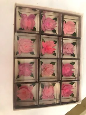 12 Vintage Dinner For 12 Pink Roses Lucite Acrylic Place Card Holders • $37.50