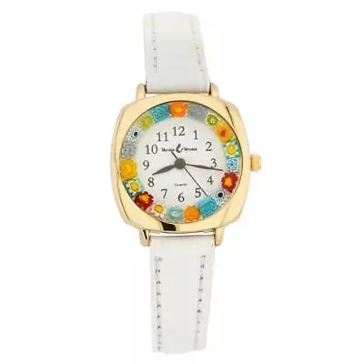 GlassOfVenice Murano Glass Watch Millefiori With Leather Band Square Case - Whit • $69.95