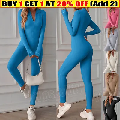 Womens Sport Yoga Jumpsuit Bodycon All In One Gym Unitard Zip Up Romper Playsuit • £18.57