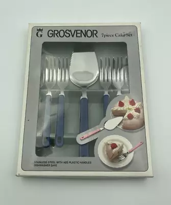 Vintage Grosvenor 7 Piece Cake Set In Original Box Stainless Steel Blue Plastic  • $15