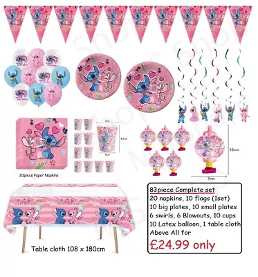 Stitch & Lilo Pink Party Set Banner Plates Cloth Kid Birthday Party Decoration • £2.99