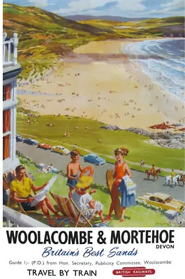 Vintage Railway Poster Woolacombe Mortehoe Devon Surf Beach Hotel PRINT A3 A4 • £5.99