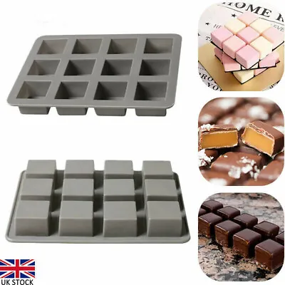 12 Cavity Rectangle Silicone Mold Chocolate Cake Baking Ice Cube Soap Tray Mould • £3.99