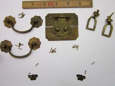 Vintage Brass Asian Hardware Jewelry Box / Small Wood Trunk Drawer Handles Latch • $15.97