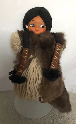 VINTAGE Native American-Indian-DOLL-Real Rabbit Fur-Yarn-Beautiful Girl-HANDMADE • $39