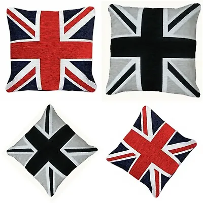Black & Red Union Jack Chenille Cushion Covers Or Filled Cushions British Flag • £6.95