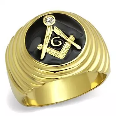 £12.95 • Buy Mens Gold Ring Masonic Signet Pinky Onyx Black Cubic Zirconia 18kt Classy Size P