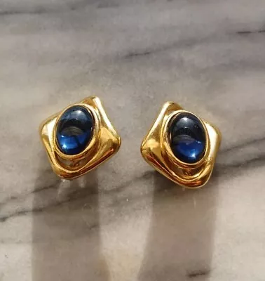 Rare Vintage YSL Yves Saint Laurent Blue Cabochon Gold Tone Pierced Earrings • £142.51