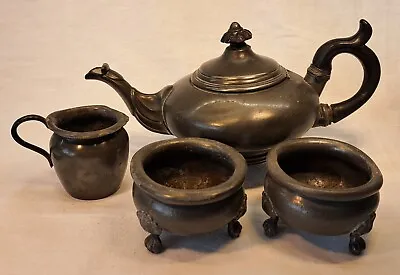£25 • Buy Vintage Pewter Collection James DIxon Teapot, Milk Jug And 2 Small Salts