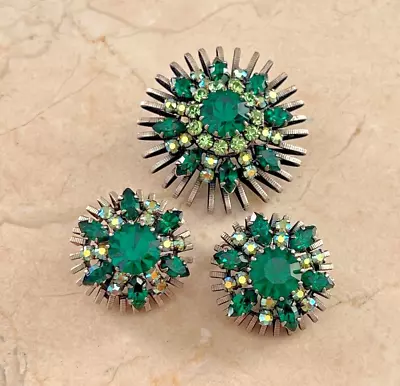 Vintage Signed Austria Emerald Peridot Green & Aurora Borealis Pin Earrings Set • $25