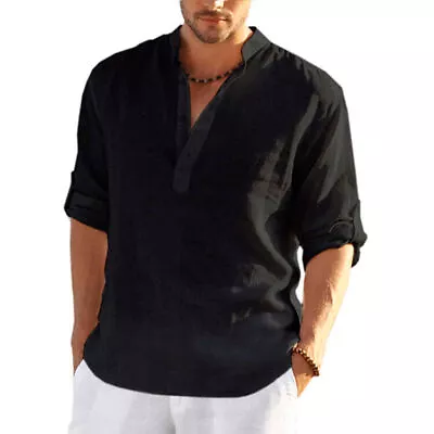 Mens Linen Beach Shirts Plain Loose Casual Shirt Summer Blouse Tops Plus Size • $17.45