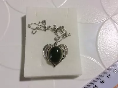 Vintage Solid Silver Deceased Estate Jade Heart Pendant Necklace !! • $1