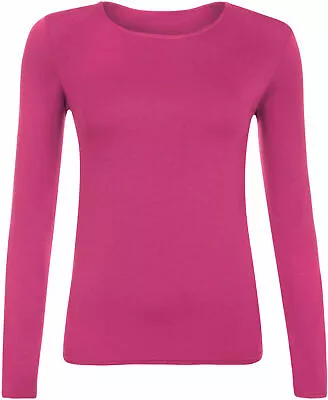 Ladies Plain Tshirt Womans Long Sleeve Scoop Neck T Shirt Top Plus Size Uk 8-26 • £5.51