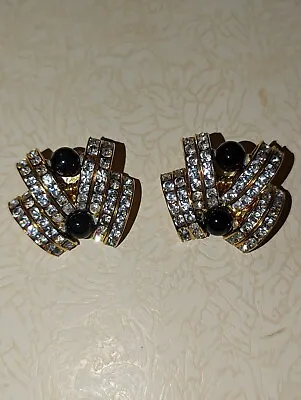 Vintage Gold Tone Black Lucite & Crystal Rhinestone Modernist Clip On Earrings • $6.99
