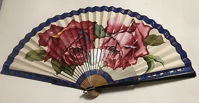 Vintage - 12in. - HAND FAN PAPER WITH RED ROSES Free Shipping • $16.95