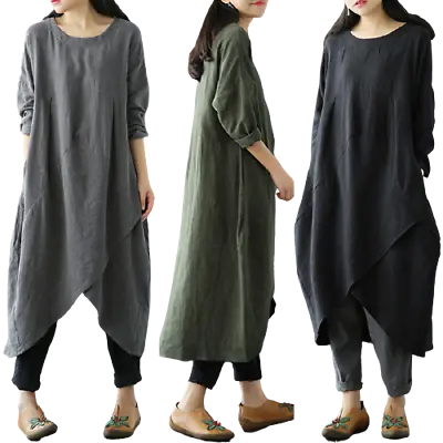 New HOT Long Sleeve Women's Party Plus Size Maxi Dress Cotton Kaftan Long Dress • $22.99
