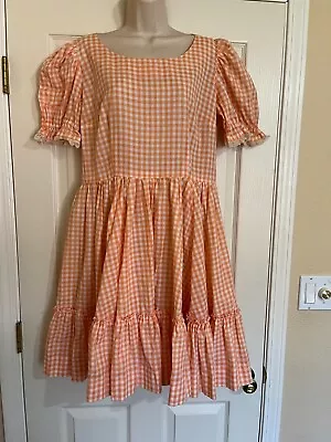 Vtg Peach White Gingham Check Ruffle Tiered Square Dancing Dress L-XL? Handmade • $32.99