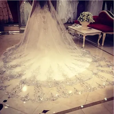 Luxury Bridal Veil With Diamonds Elegant Cathedral Soft Veil Lace  Wedding  Veil • $49.99