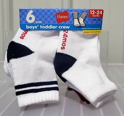 Hanes Boys' Size 12-24 Months Crew Socks W/ Gripper Bottoms 6 Pair Pack • $14.95
