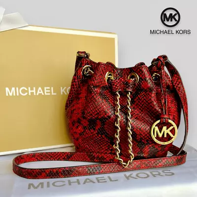 Michael Kors Frankie Python Embossed Leather Drawstring Bucket Bag In Dark Red • $148