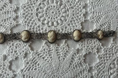 Antique Carved Shell Cameo Italian 800 Silver Bracelet Vintage Art Nouveau • $85