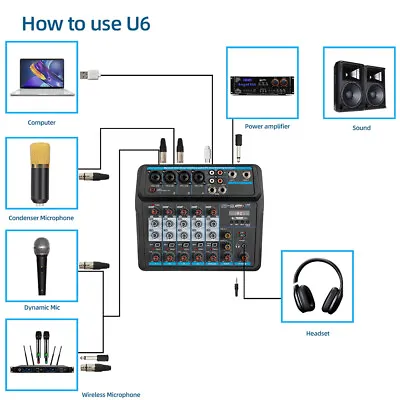 Professional 6 Channel Audio Mixer Mic USB Bluetooth Recording DJ Stage Party US • $56.05