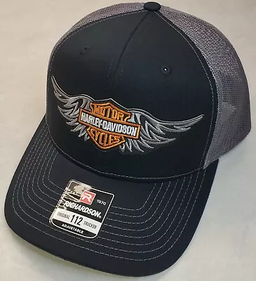 HD Wing Patch On Richardson 112 Trucker Hat Snapback Black/Charcoal  • $21.72